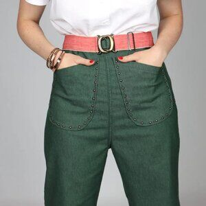 Freddie's of Pinewood Green Denim Nailhead Pants Size 30 1940s style wide leg